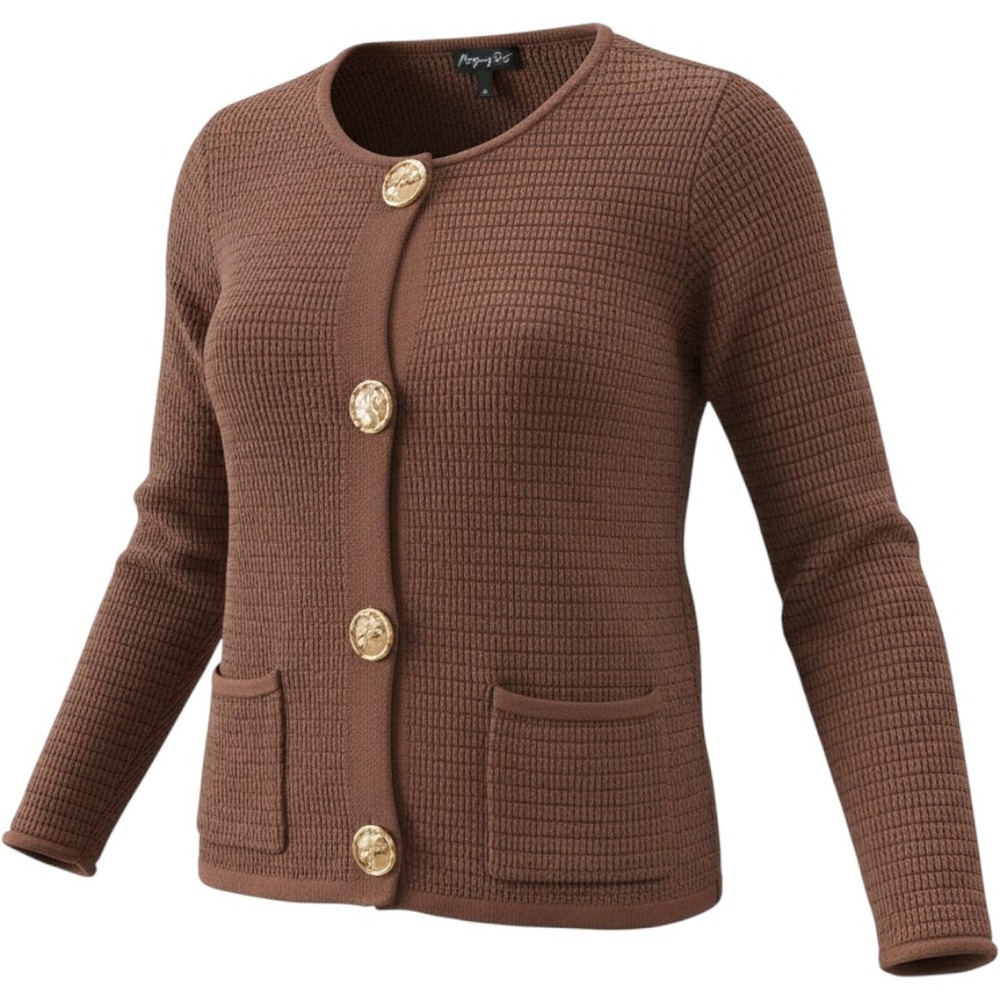 Montgomery Post Margo Brown Textured Cardigan Gold Button Sweater Medium NEW